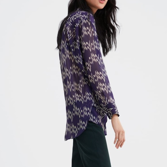 New ZARA Blouse Semi Sheer Navy Blue Button Shirt - Picture 3 of 5